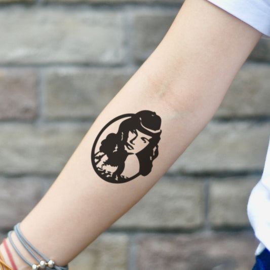 fake small bettie page portrait temporary tattoo sticker design idea on inner arm