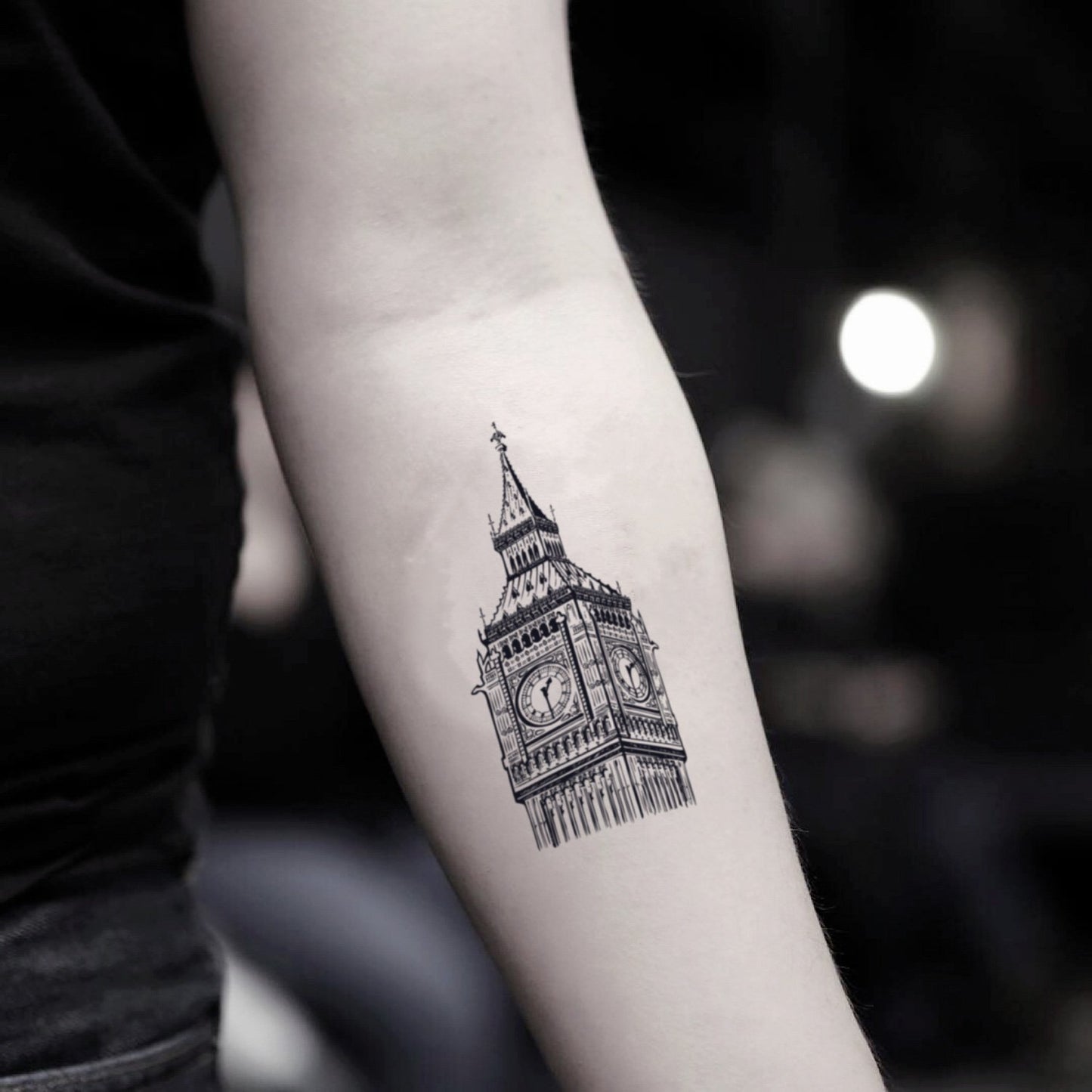 fake small big ben clock tower illustrative temporary tattoo sticker design idea on inner arm