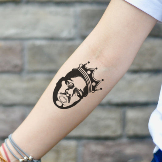 fake small biggie smalls portrait temporary tattoo sticker design idea on inner arm