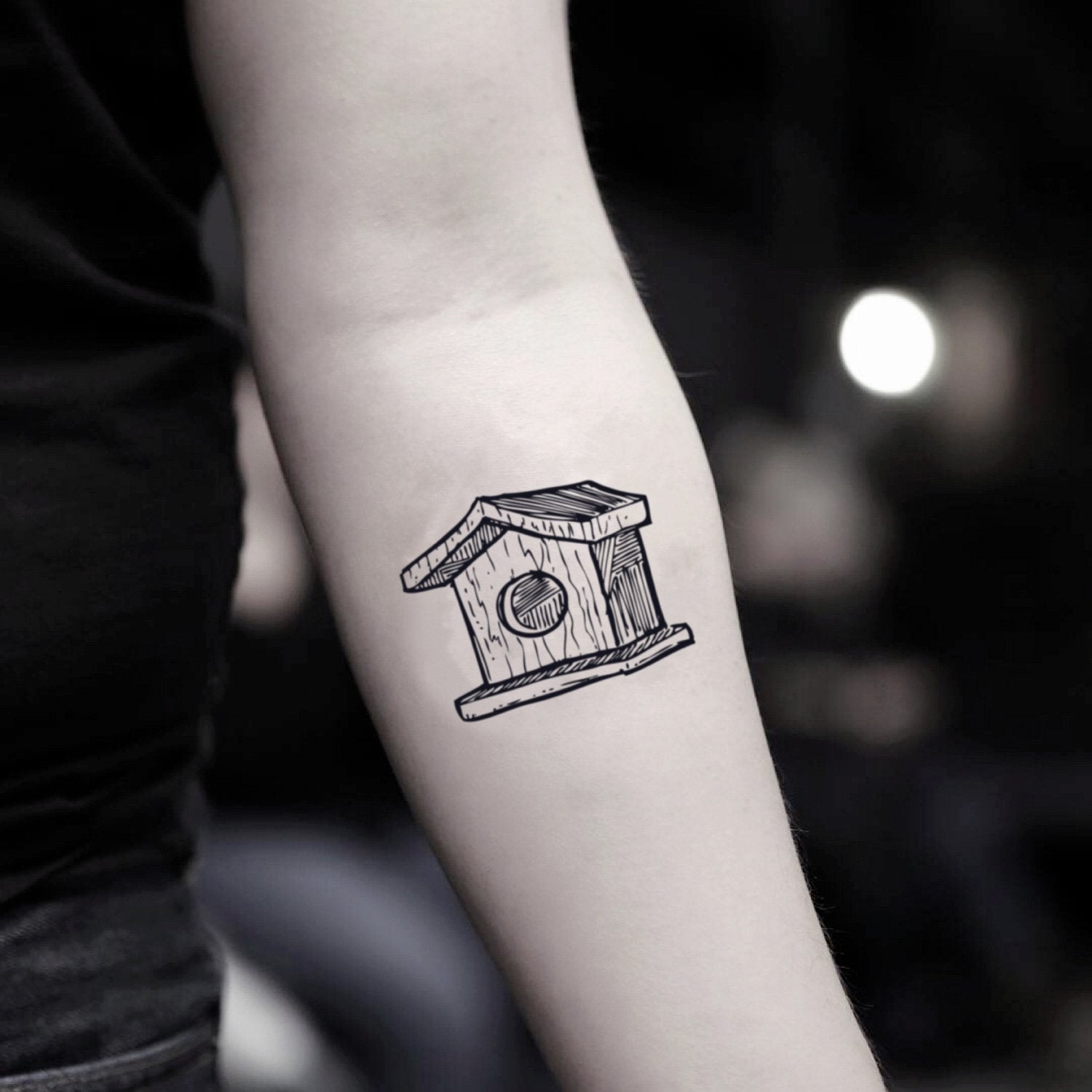 fake small birdhouse illustrative temporary tattoo sticker design idea on inner arm