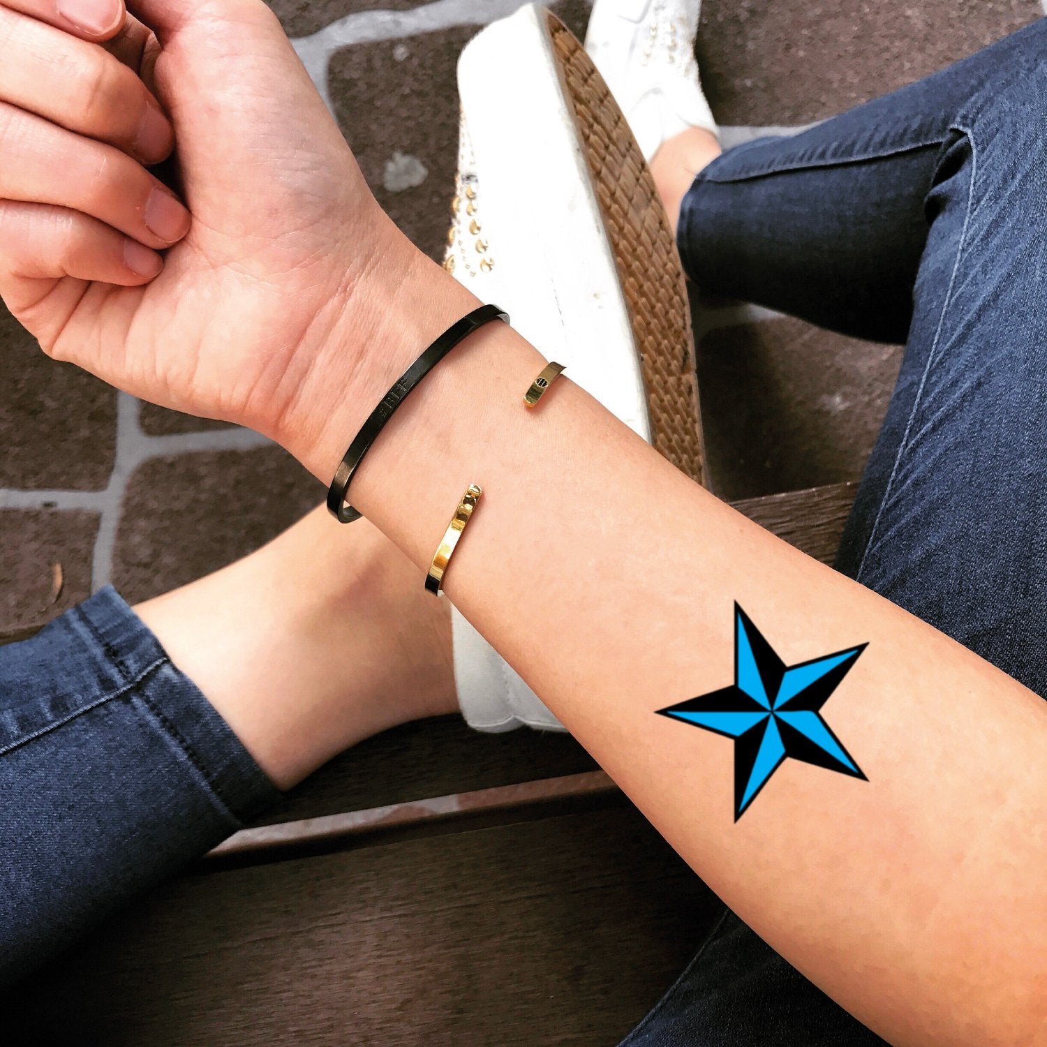 fake small black blue ink nautical 5 five point star color geometric temporary tattoo sticker design idea on forearm for men