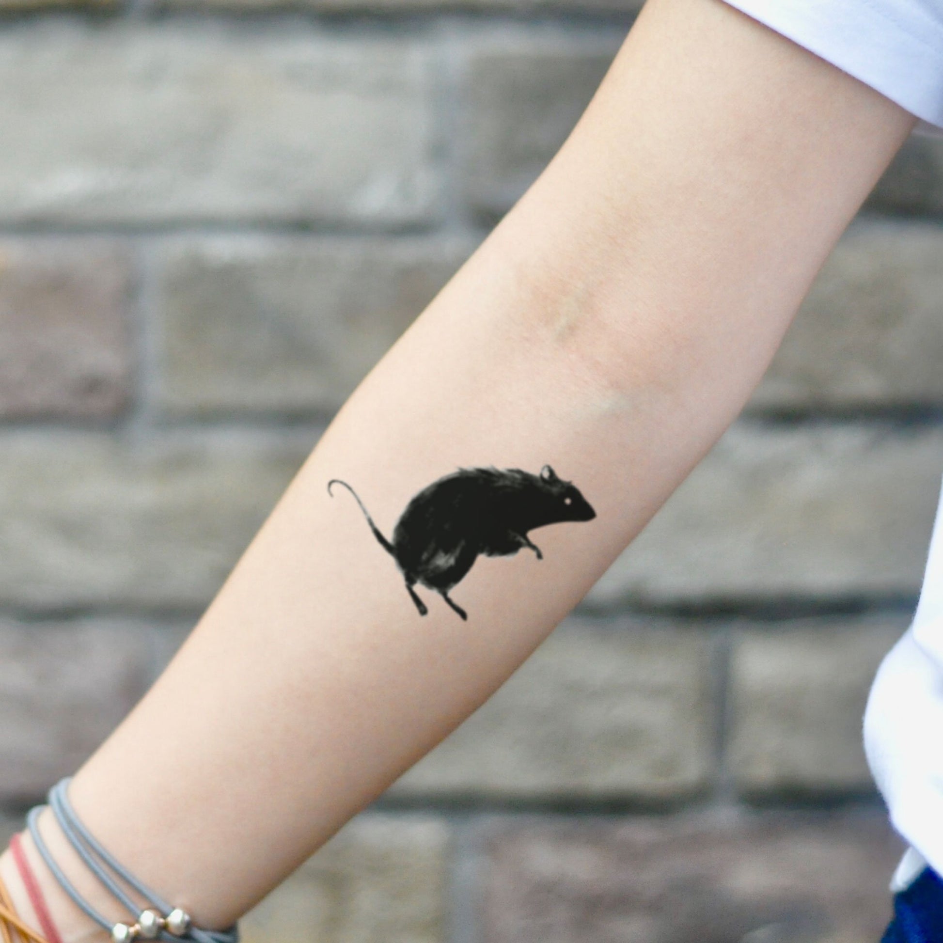 fake small black rat ratatouille opossum animal temporary tattoo sticker design idea on inner arm
