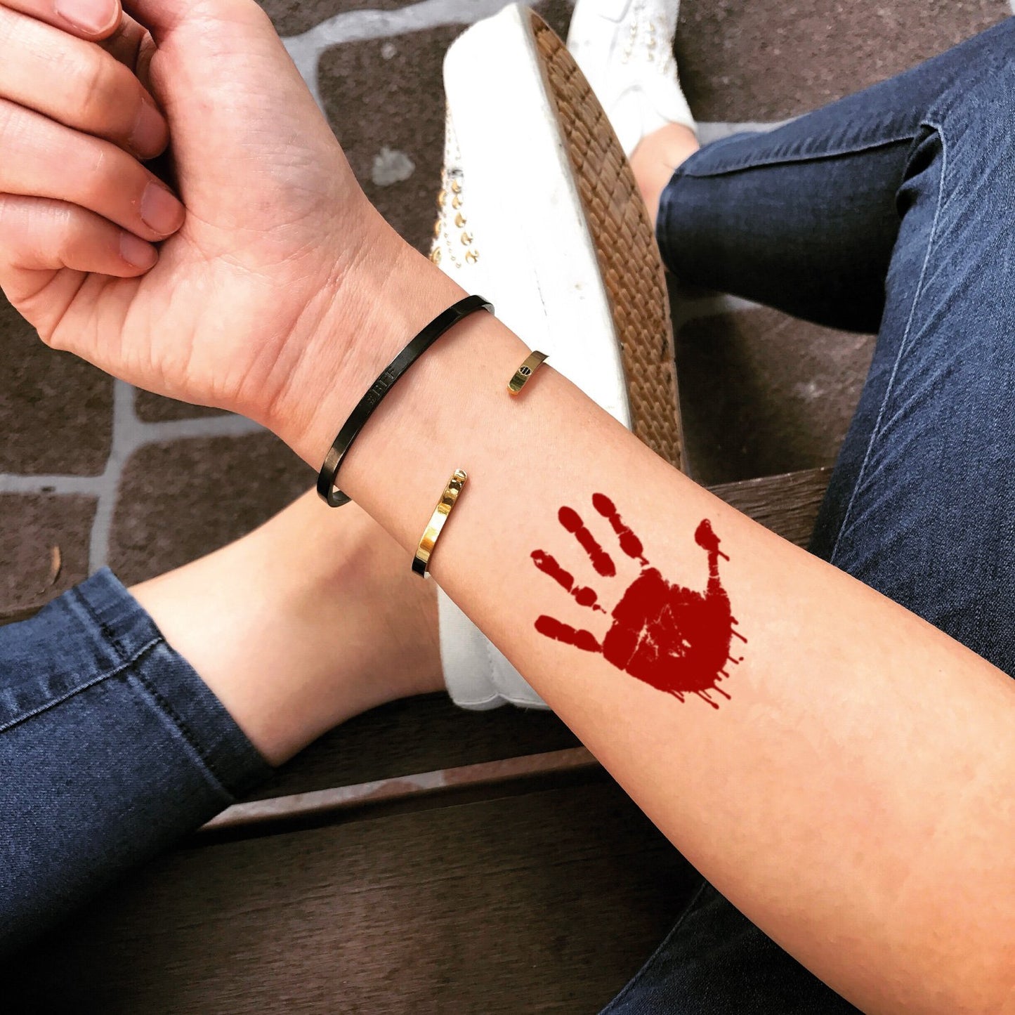 fake small bloody drip color temporary tattoo sticker design idea on forearm