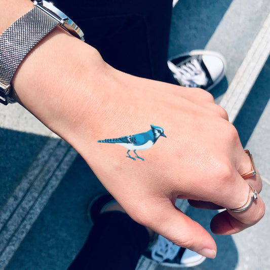 fake small blue jay bird animal temporary tattoo sticker design idea on hand