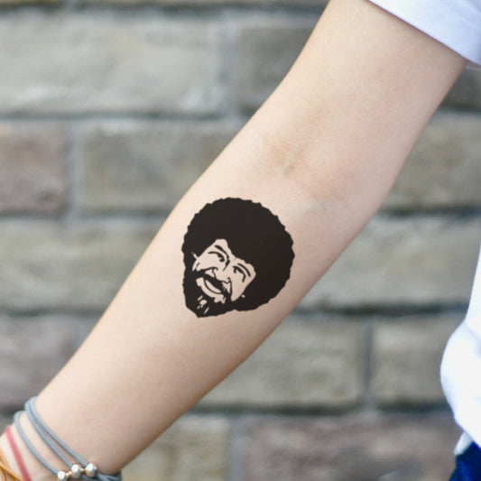 fake small bob ross portrait temporary tattoo sticker design idea on inner arm