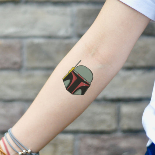 fake small boba fett color temporary tattoo sticker design idea on inner arm