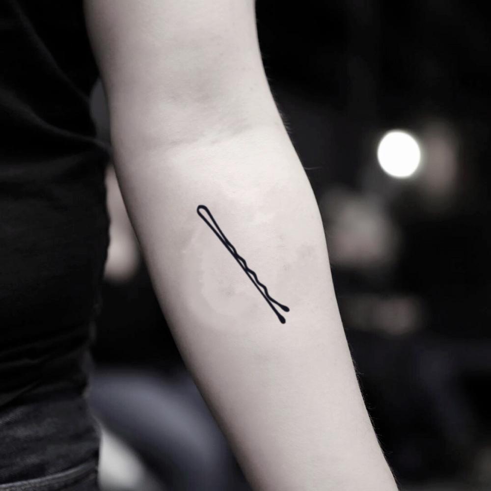 fake small bobby pin minimalist temporary tattoo sticker design idea on inner arm