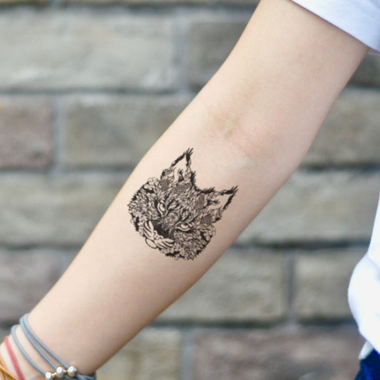 fake small bobcat cat head lynx animal temporary tattoo sticker design idea on inner arm