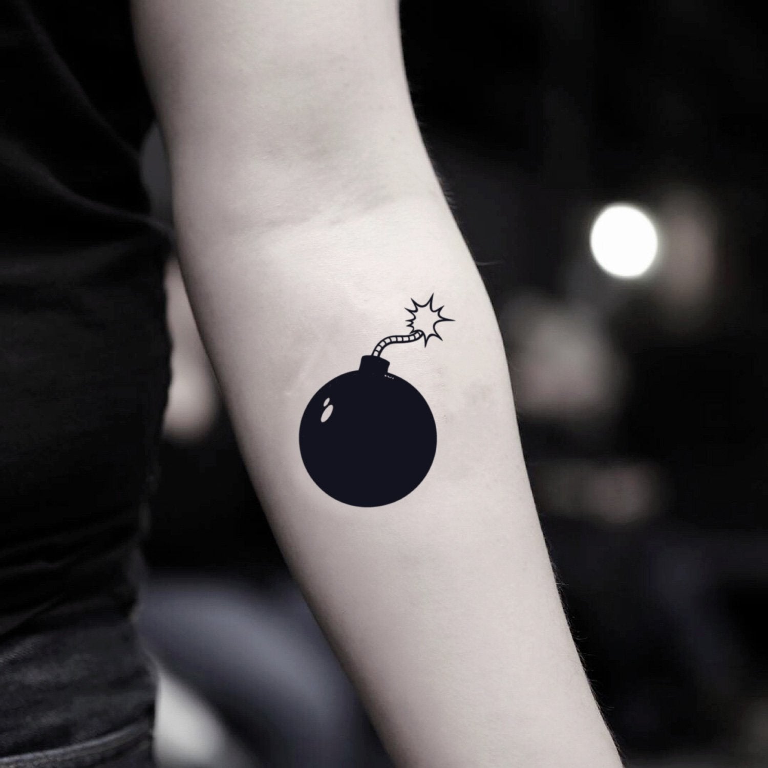 fake small time bomb minimalist temporary tattoo sticker design idea on inner arm