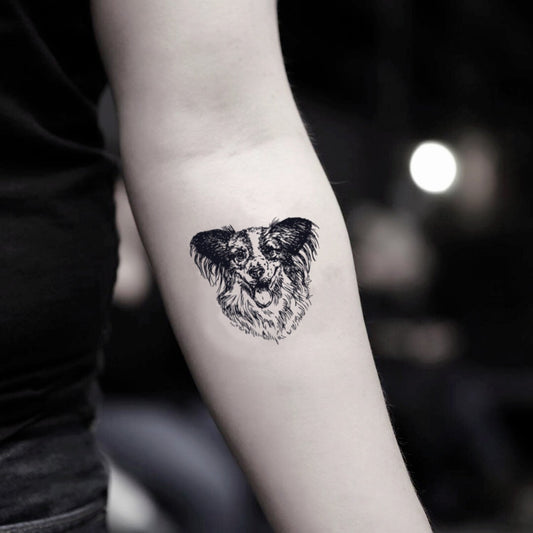 fake small border collie animal temporary tattoo sticker design idea on inner arm