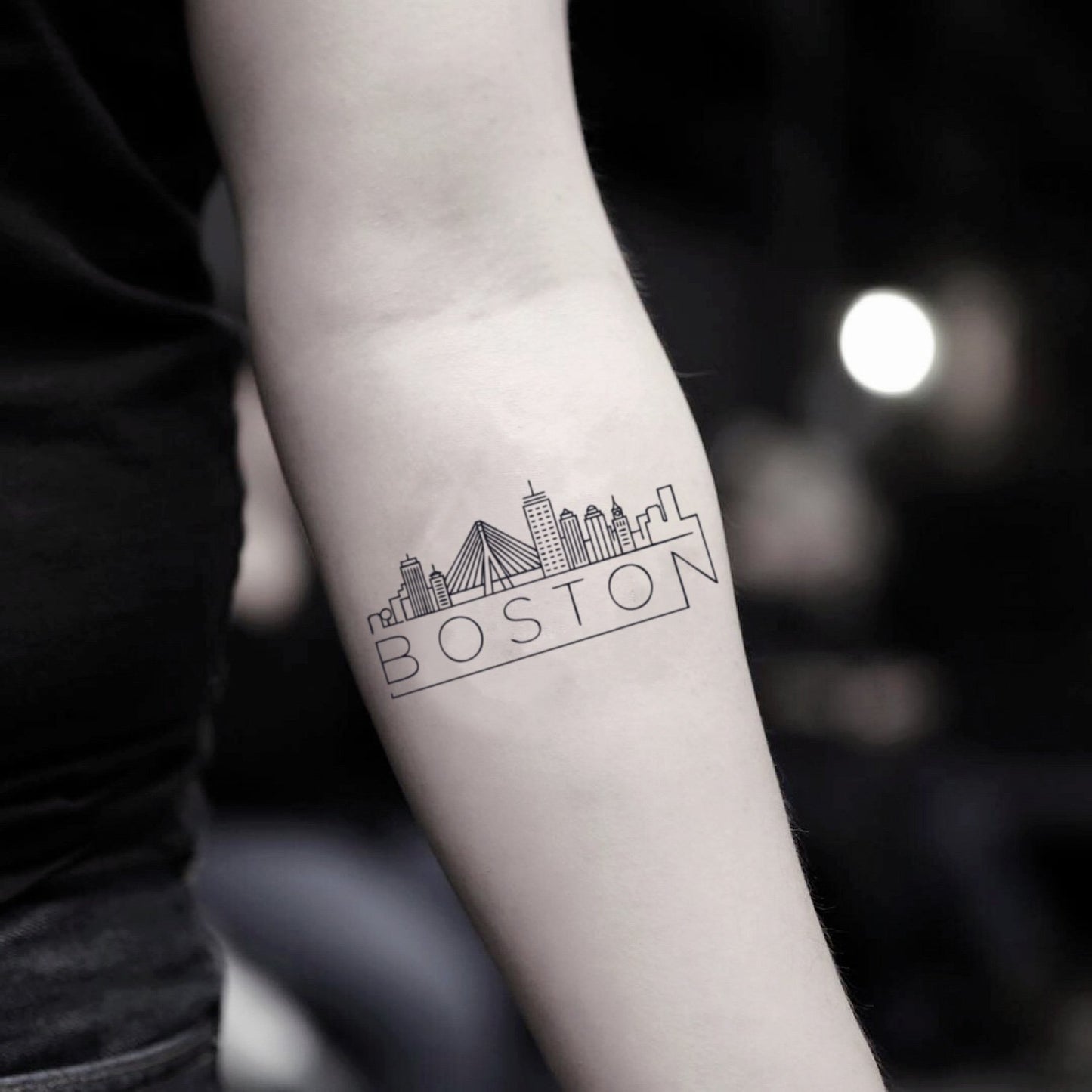 fake small boston skyline minimalist lettering temporary tattoo sticker design idea on inner arm