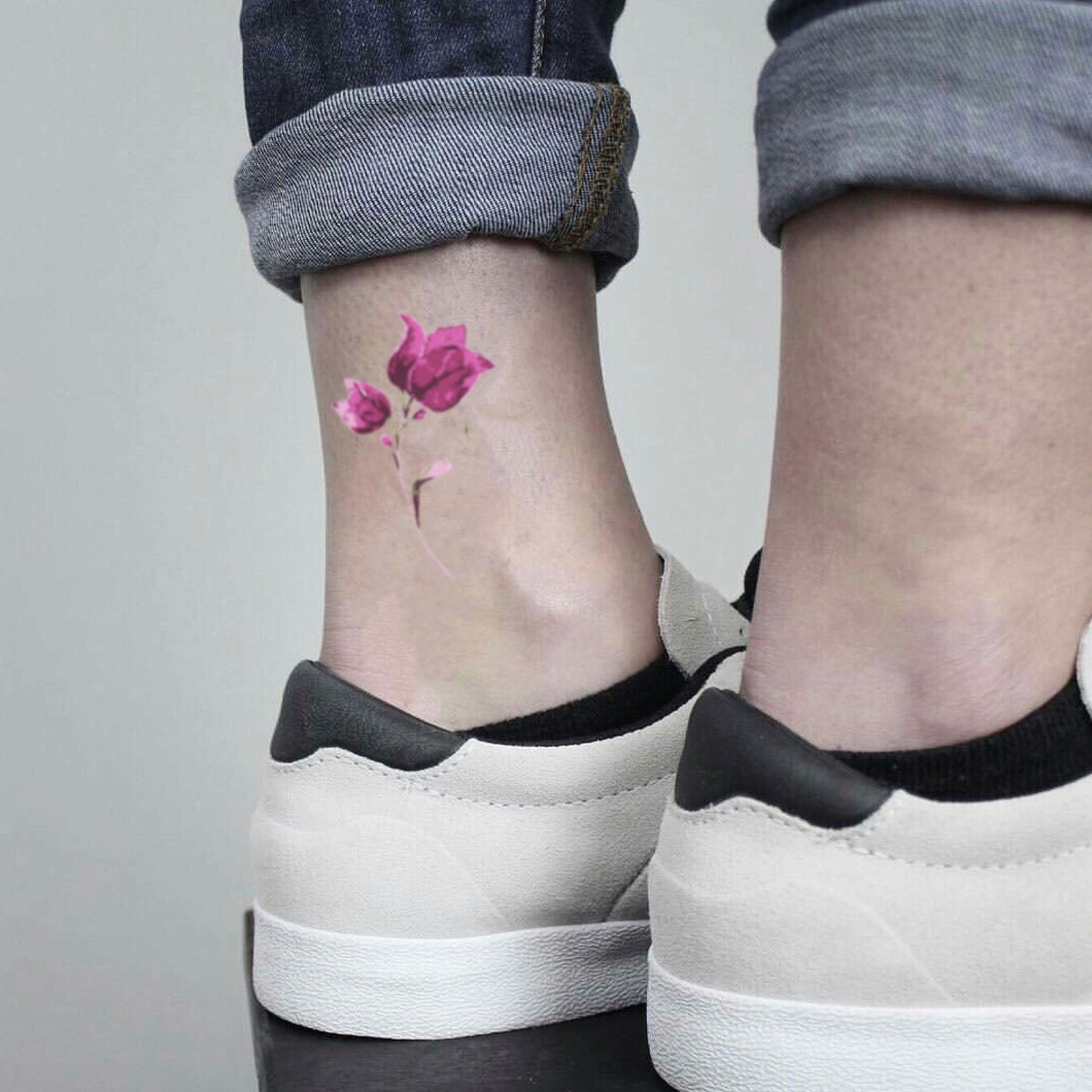 fake small bougainvillea flower temporary tattoo sticker design idea on ankle
