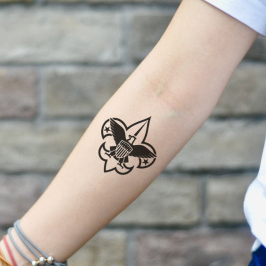 fake small boy scout illustrative temporary tattoo sticker design idea on inner arm
