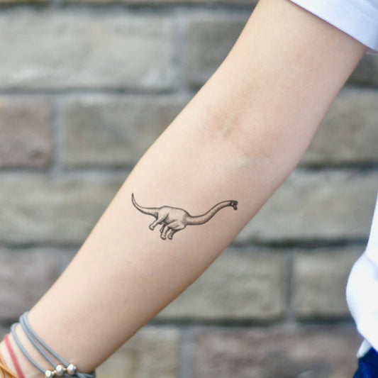 fake small brachiosaurus brontosaurus dinosaur animal temporary tattoo sticker design idea on inner arm
