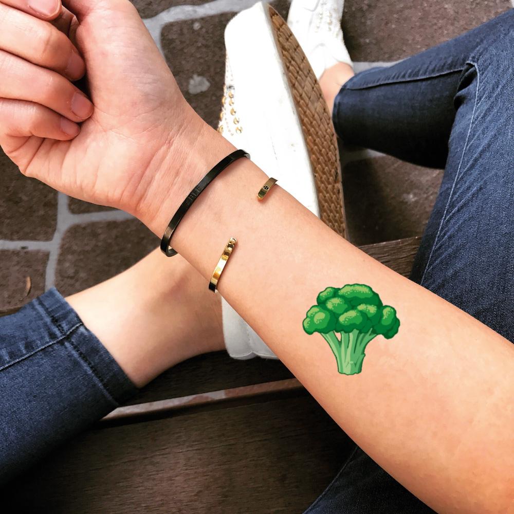 fake small broccoli food color temporary tattoo sticker design idea on forearm