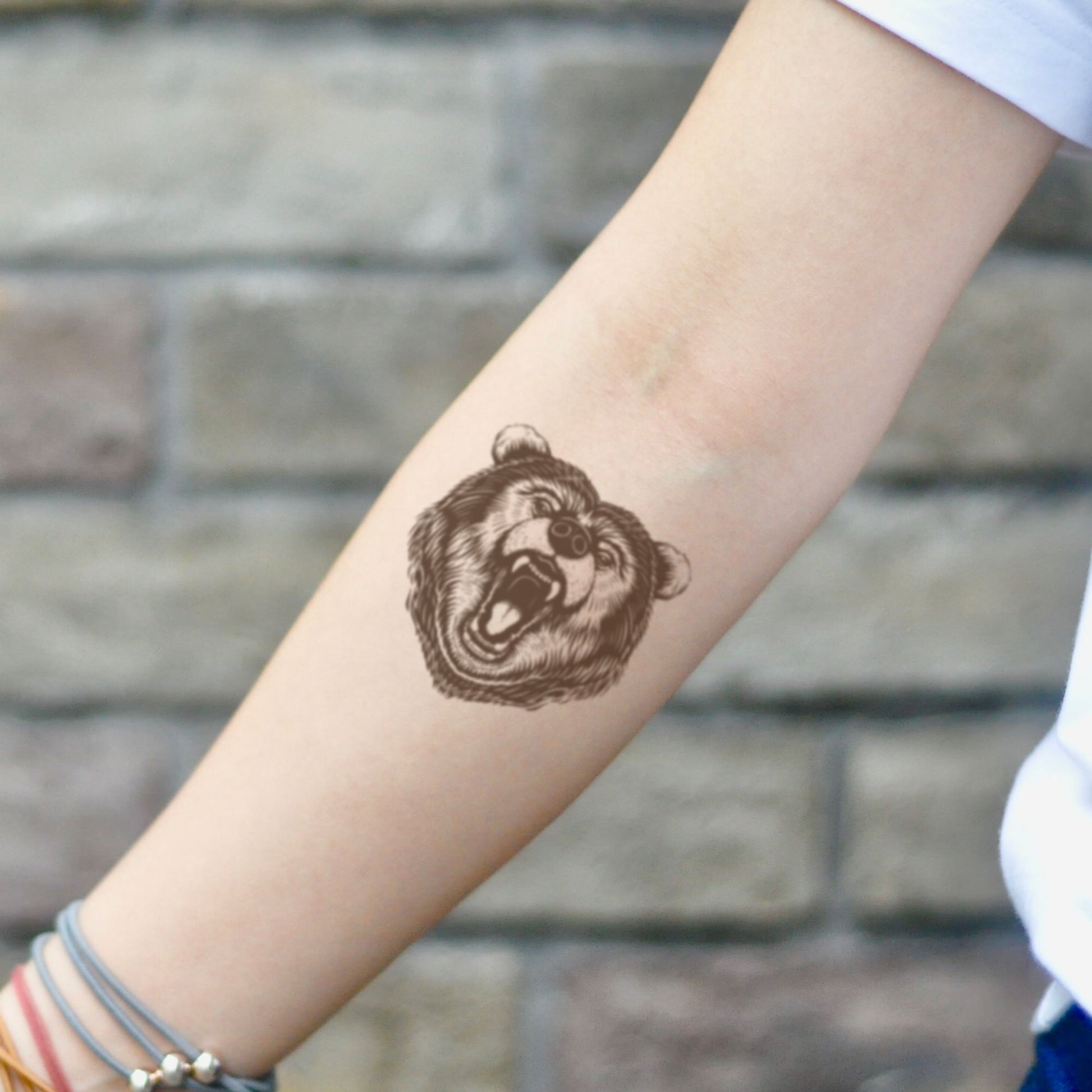 fake small brown ink bear animal temporary tattoo sticker design idea on inner arm