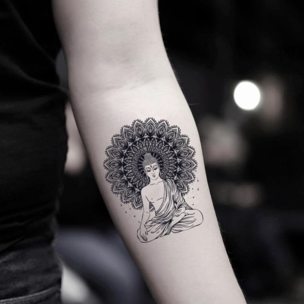 fake small buddha buda illustrative temporary tattoo sticker design idea on inner arm