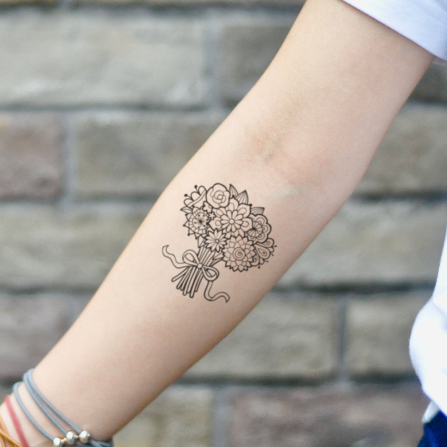 fake small bunch of flowers flower temporary tattoo sticker design idea on inner arm