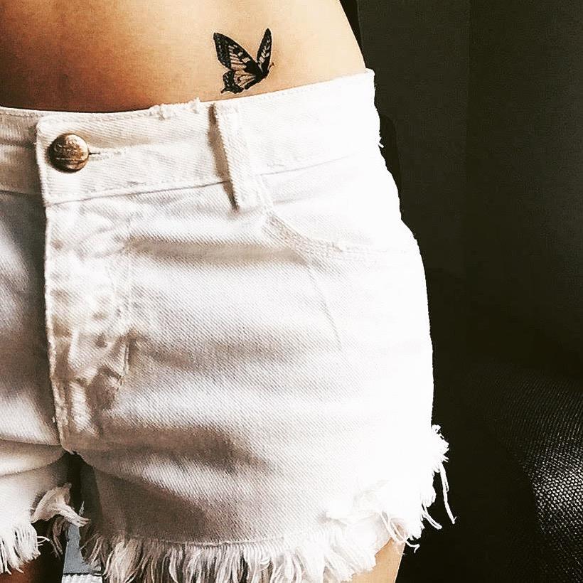 fake small bikini line black butterfly animal temporary tattoo sticker design idea on stomach