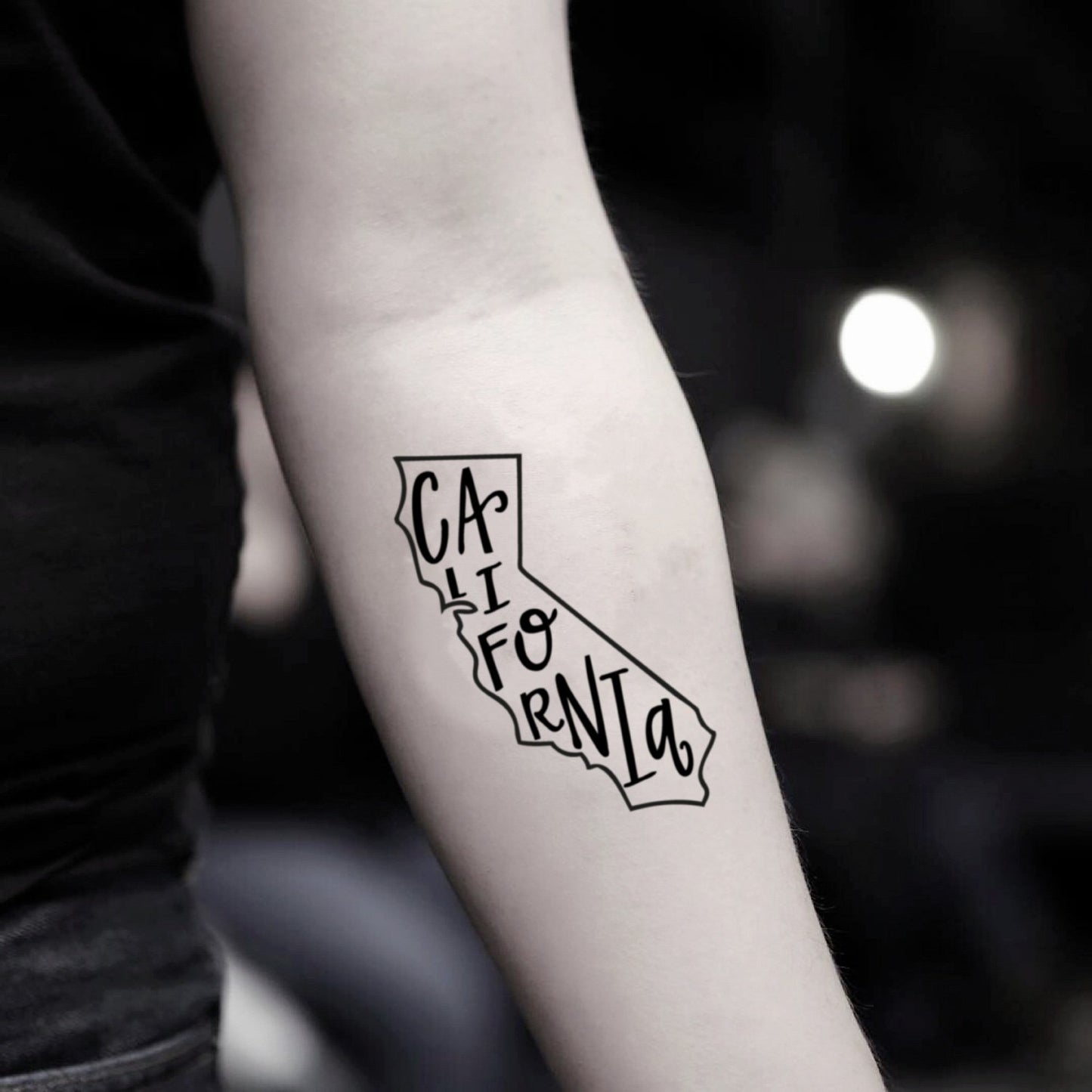 fake small cali california state lettering temporary tattoo sticker design idea on inner arm