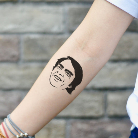 fake small carl sagan portrait temporary tattoo sticker design idea on inner arm