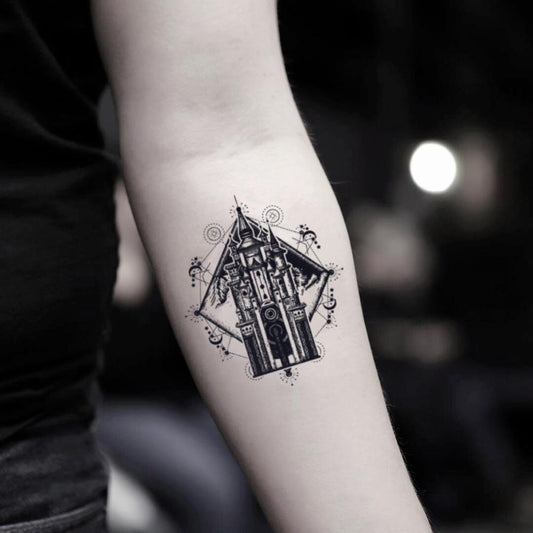 fake small castle illustrative temporary tattoo sticker design idea on inner arm