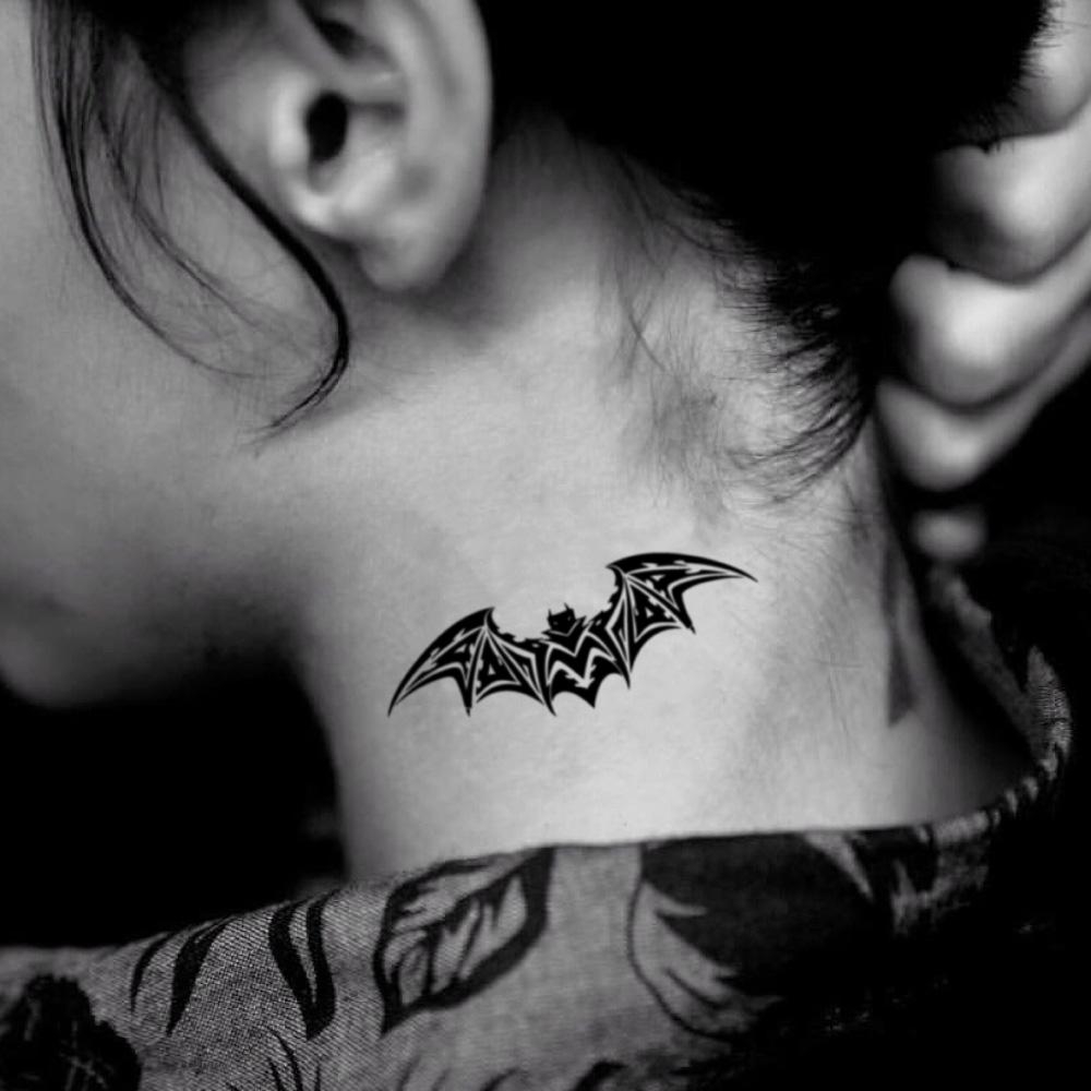 fake small celtic batman animal temporary tattoo sticker design idea on neck