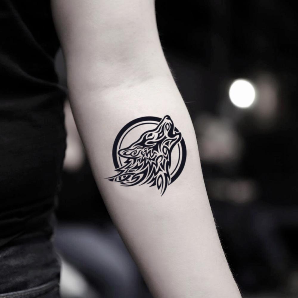 fake small celtic japanese wolf animal temporary tattoo sticker design idea on inner arm