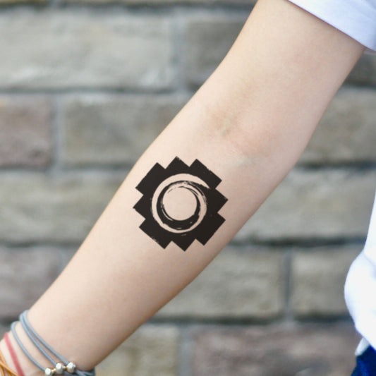 fake small chakana symbol geometric temporary tattoo sticker design idea on inner arm