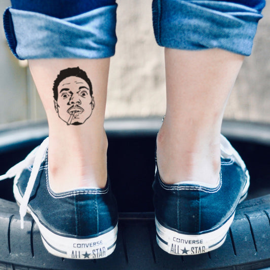 fake small chance the rapper portrait temporary tattoo sticker design idea on inner arm