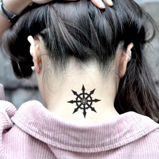 fake small chaos star symbol geometric temporary tattoo sticker design idea on neck