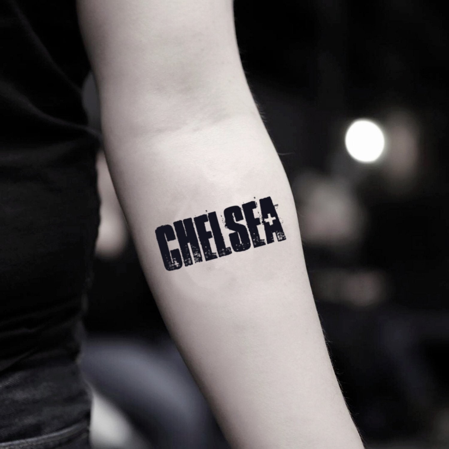 fake small chelsea lettering temporary tattoo sticker design idea on inner arm
