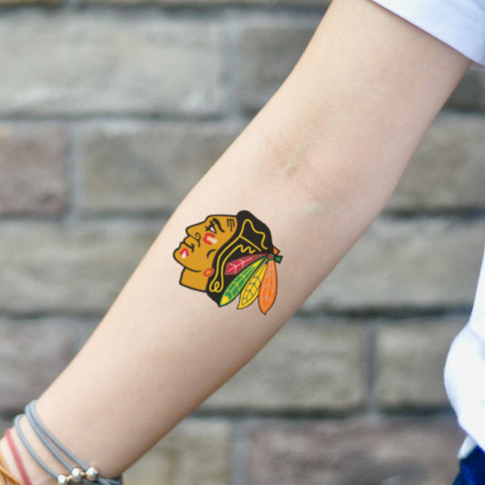 fake small chicago blackhawks color temporary tattoo sticker design idea on inner arm