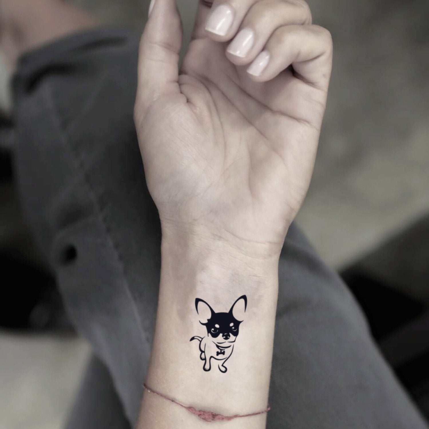 fake small chihuahua animal temporary tattoo sticker design idea on wrist