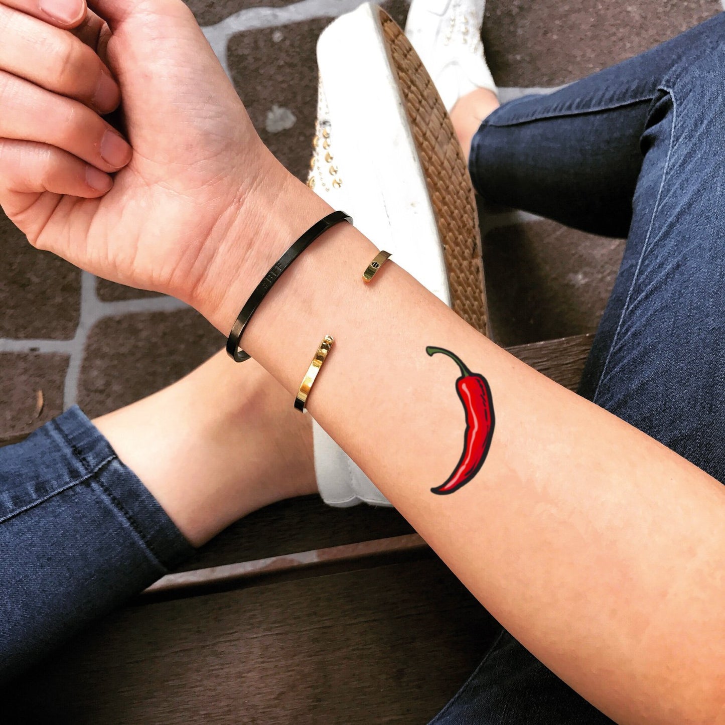 fake small chili pepper food color temporary tattoo sticker design idea on forearm