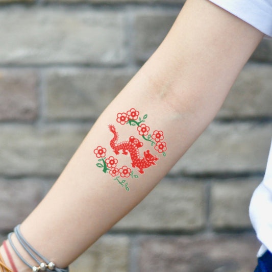 fake small chinese flower dragon color temporary tattoo sticker design idea on inner arm