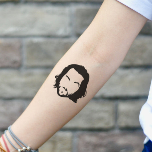 fake small chris d elia portrait temporary tattoo sticker design idea on inner arm