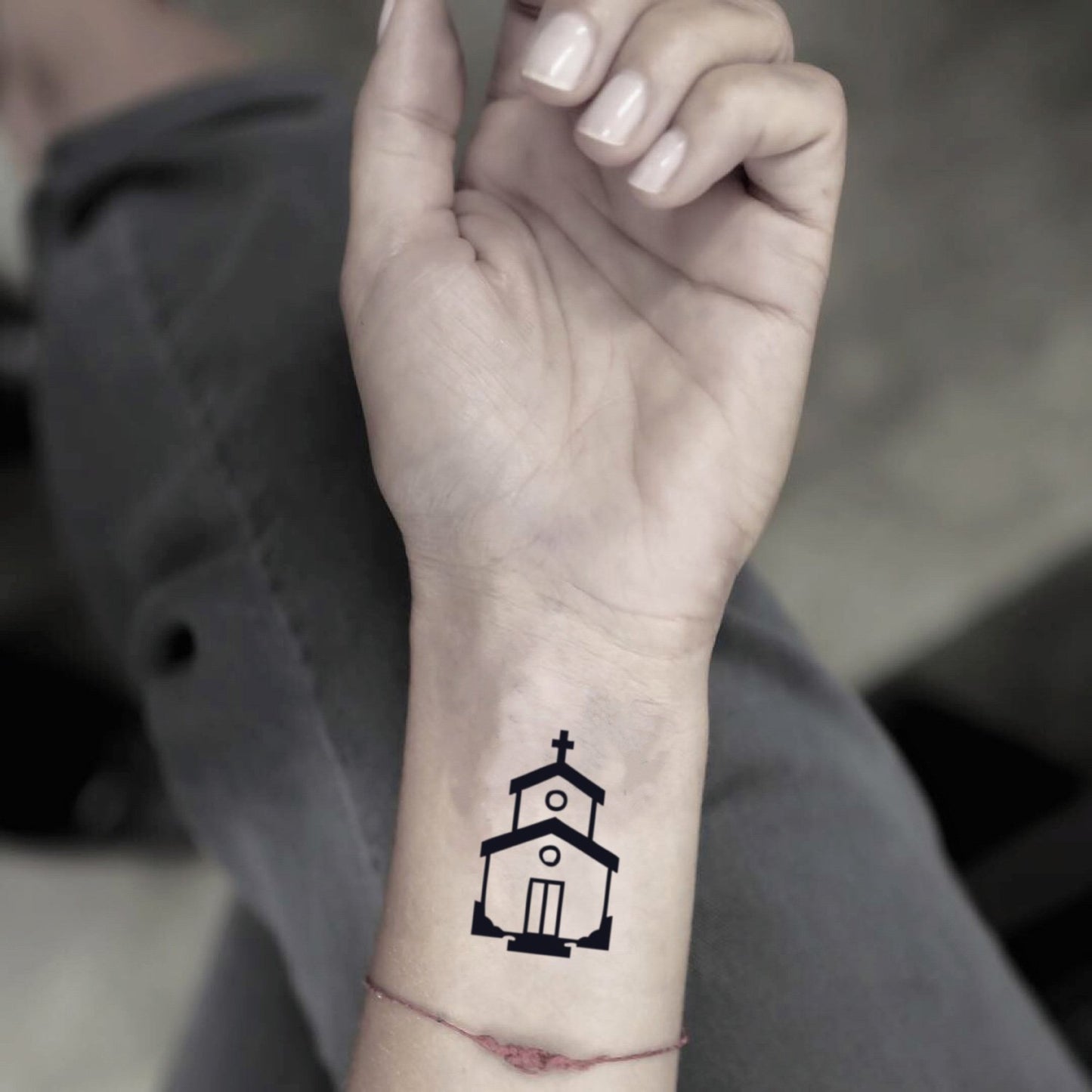 fake small church minimalist temporary tattoo sticker design idea on wrist