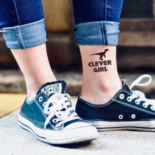fake small clever girl jurassic park world illustrative temporary tattoo sticker design idea on ankle
