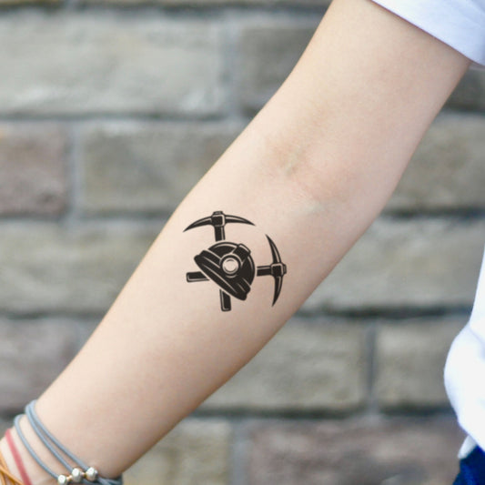 fake small coal miner construction minimalist temporary tattoo sticker design idea on inner arm