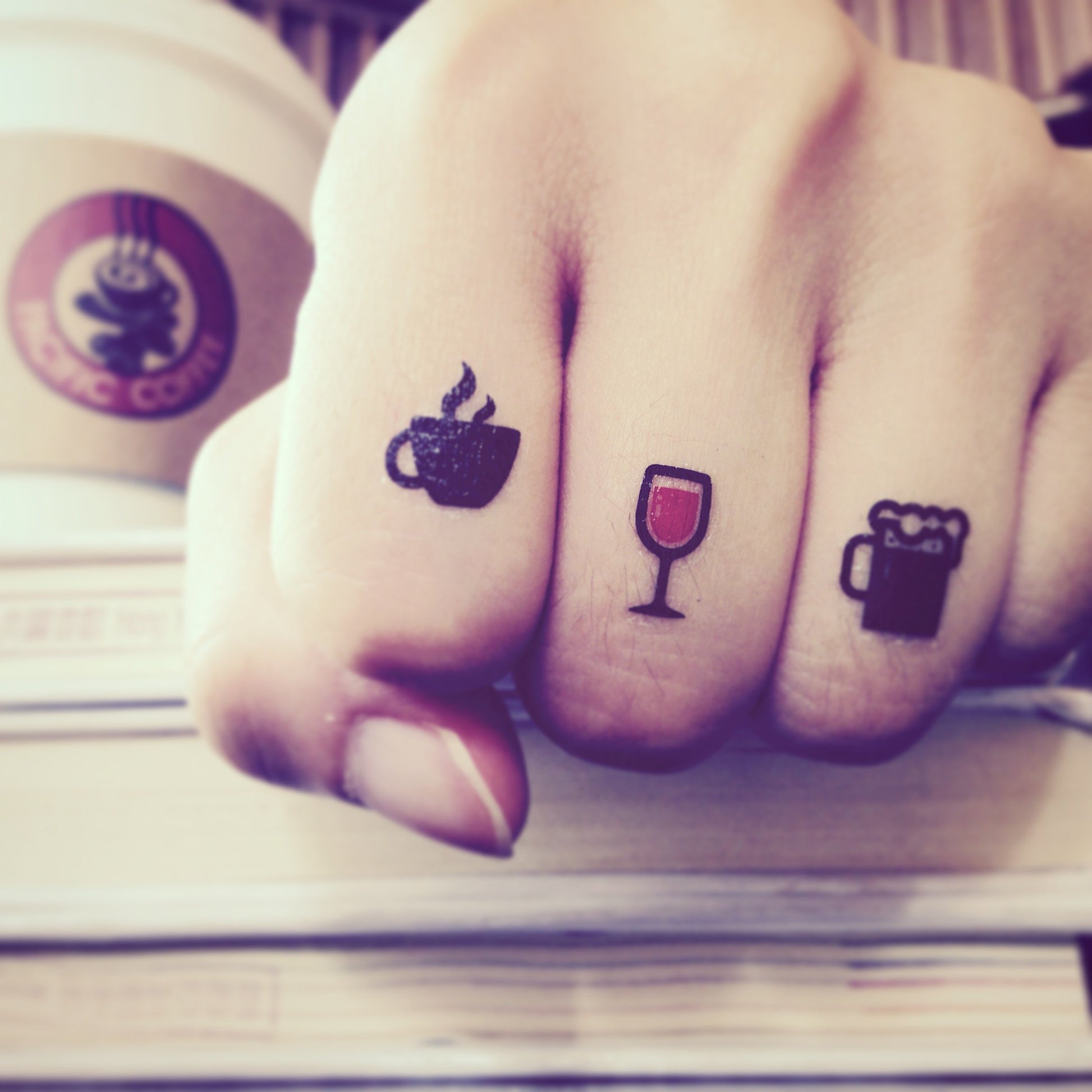 fake small coffee wine beer drinks drunk food temporary tattoo sticker design idea on finger