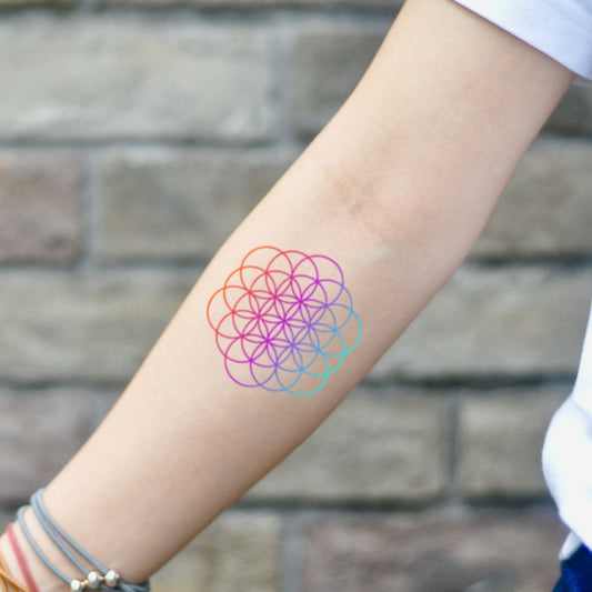fake small rainbow flower of life coldplay everglow color theory wheel sempiternal temporary tattoo sticker design idea on inner arm