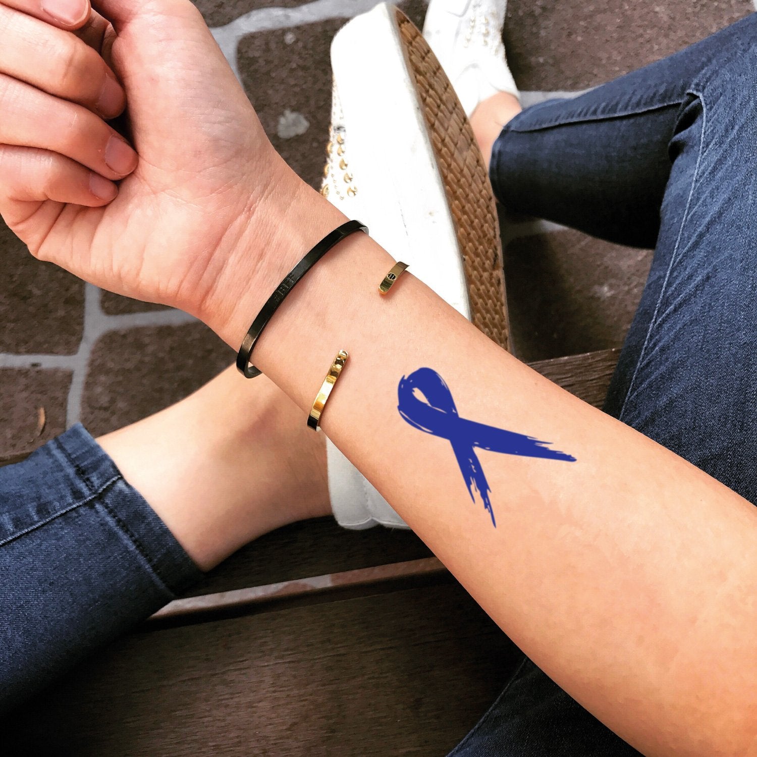 fake small colon prostate cancer blue ribbon color temporary tattoo sticker design idea on wrist