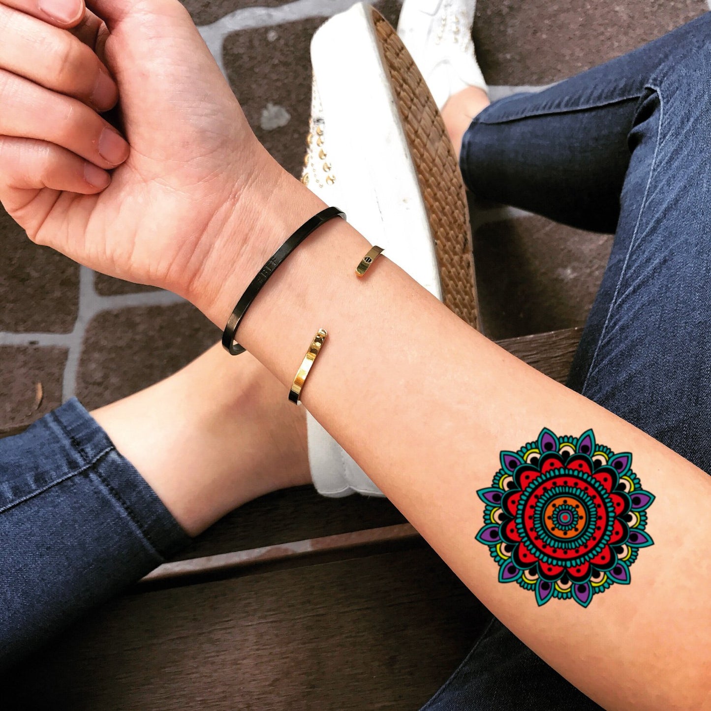 fake small color bohemian mandala temporary tattoo sticker design idea on forearm