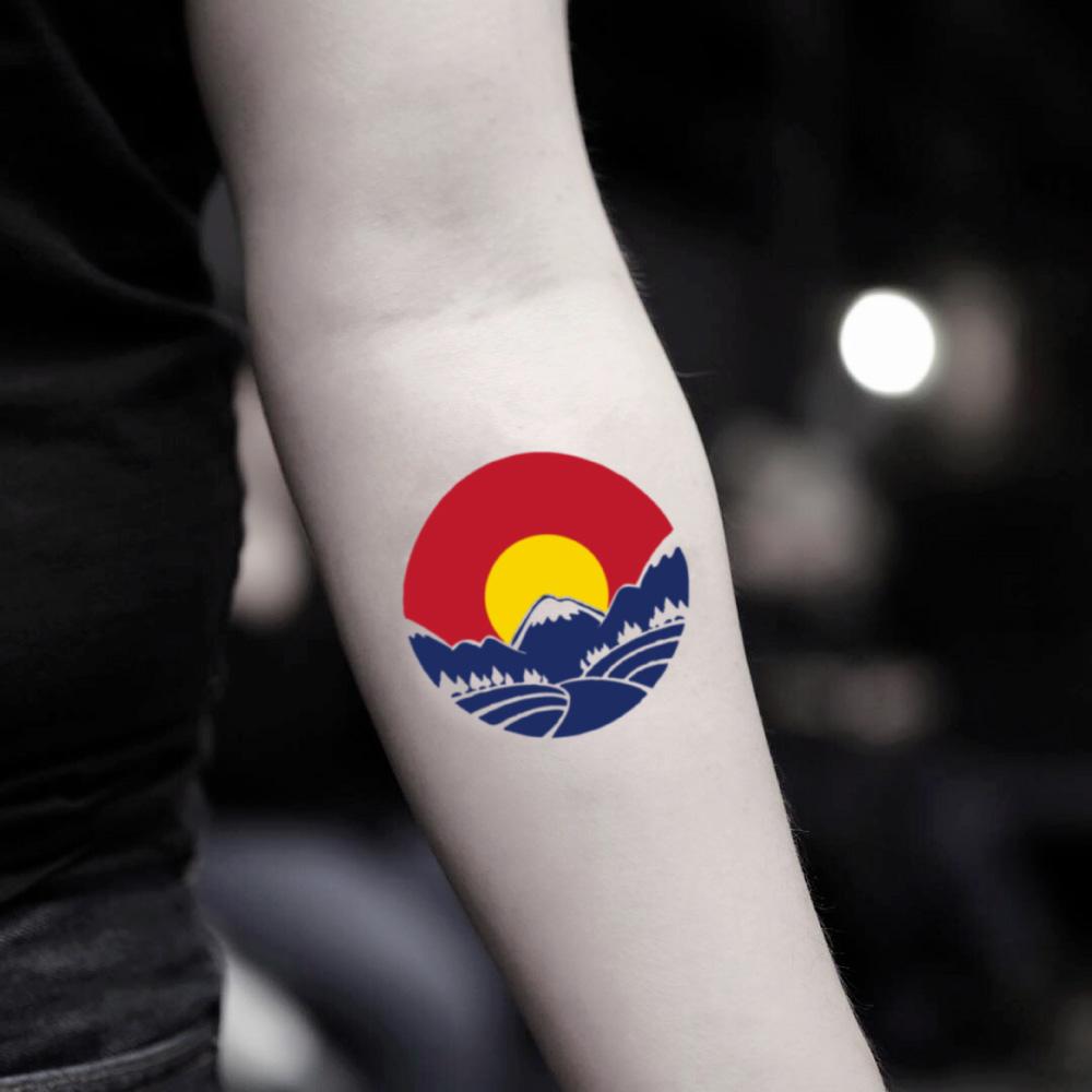 fake small colorado mountain flag color temporary tattoo sticker design idea on inner arm