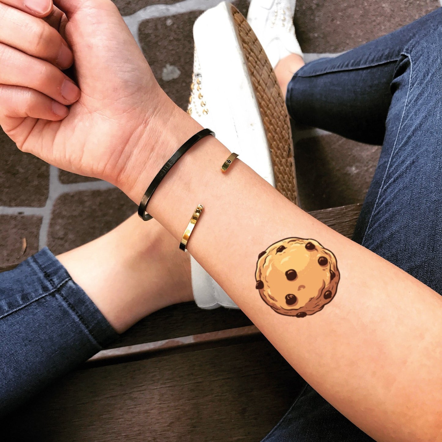 fake small cookie biscuit food color temporary tattoo sticker design idea on forearm