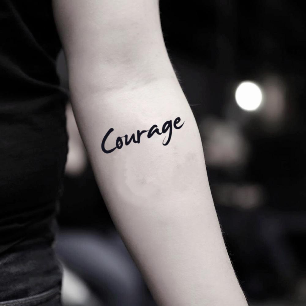 fake small courage one word lettering temporary tattoo sticker design idea on inner arm