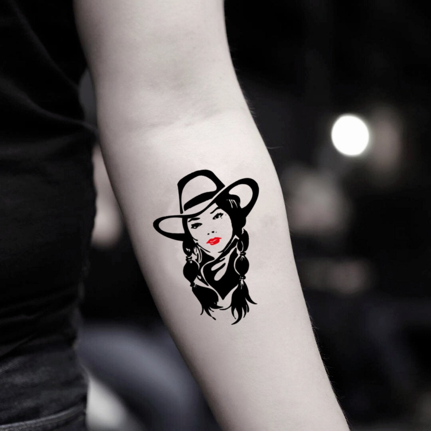 fake small cowgirl portrait temporary tattoo sticker design idea on inner arm