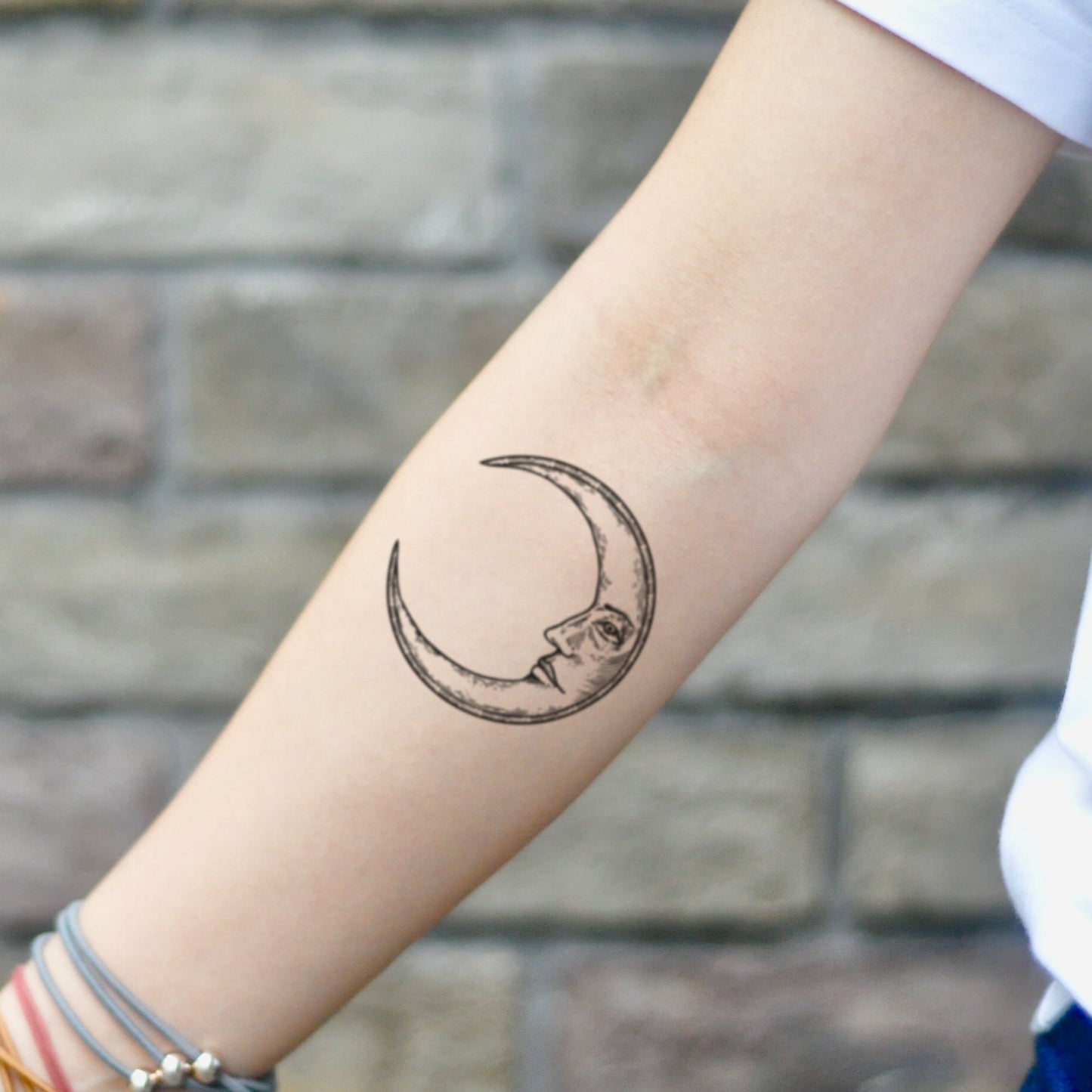 fake small crescent goodnight moon face Nature temporary tattoo sticker design idea on inner arm