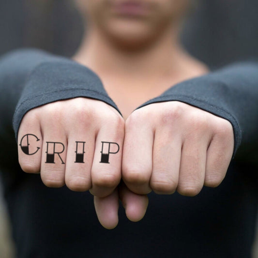 fake small crip gang member related four letter words lettering temporary tattoo sticker design idea on finger